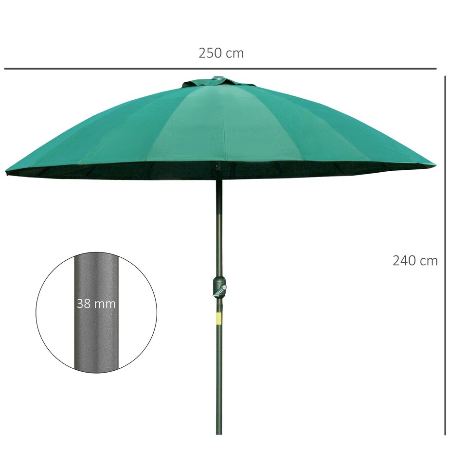 image 1 of Outsunny 2.5m Round Curved Adjustable Parasol Sun Umbrella Metal Pole Green