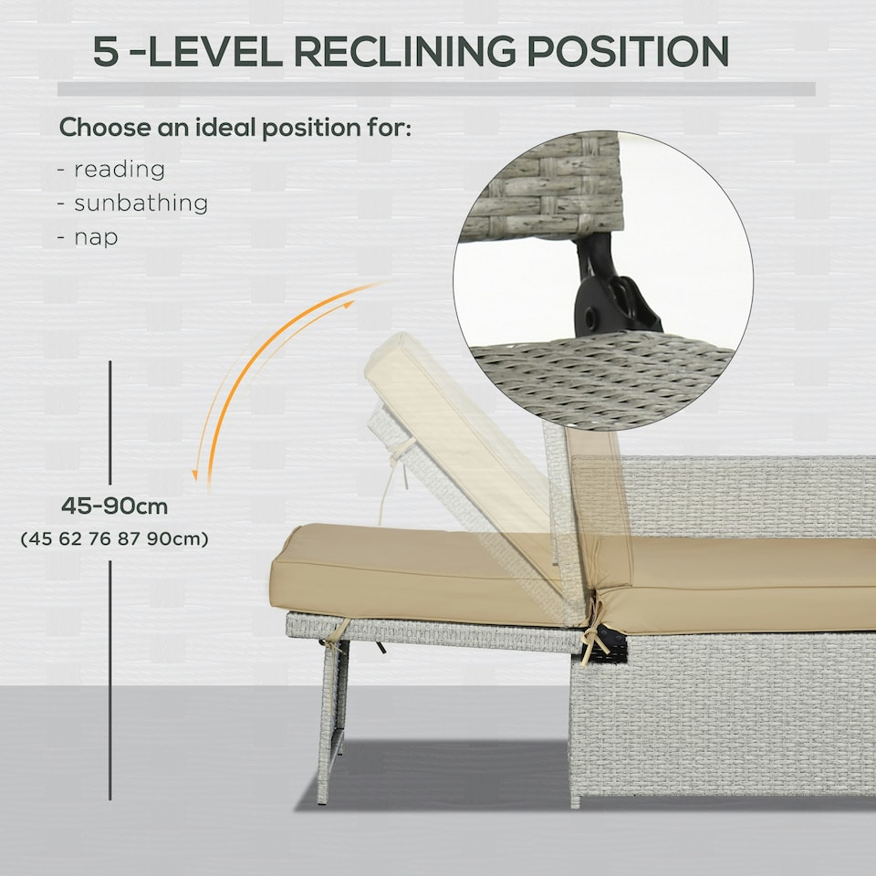 image 1 of Outsunny Recliner Rattan Sun Lounger w/ Storage Tea Table & Footstools, Beige