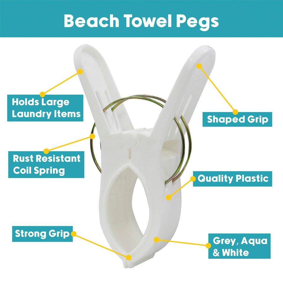 image 1 of JVL Large Clamp Clip Beach Towel Pegs, Pack of 4, White, One Size