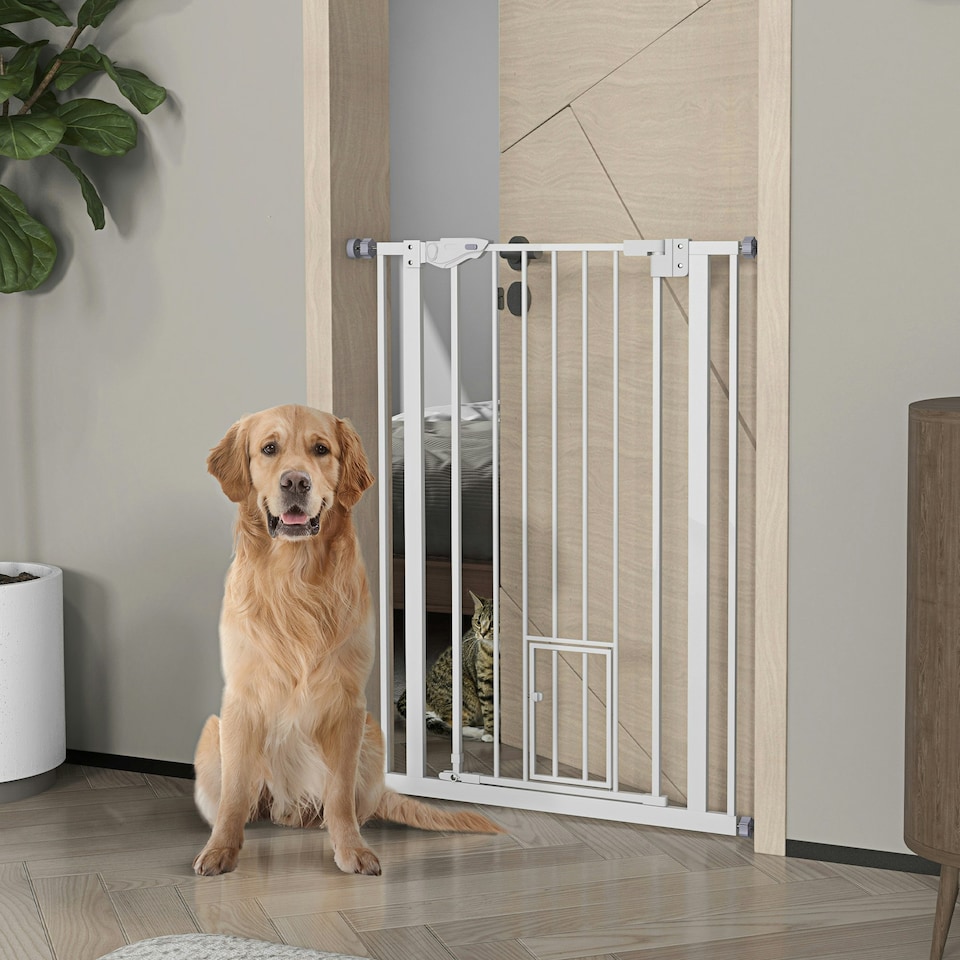 image 1 of PawHut Extra Tall Dog Gate with Cat Door Auto Close for Stairs 74-80 cm Wide