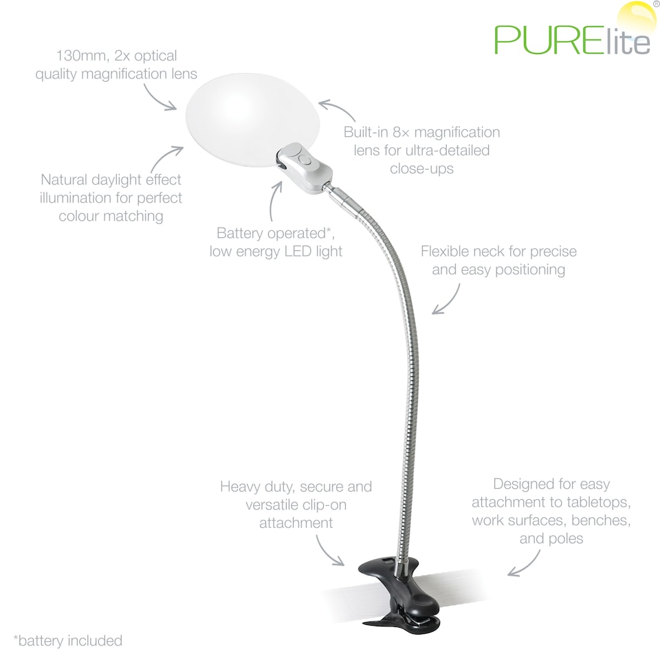 image 1 of PURElite Clip-on Magnifying Light - Battery Powered Table & Desk Lamp with LED Bulbs, Flexible for Reading, Needlework & Sewing | Silver
