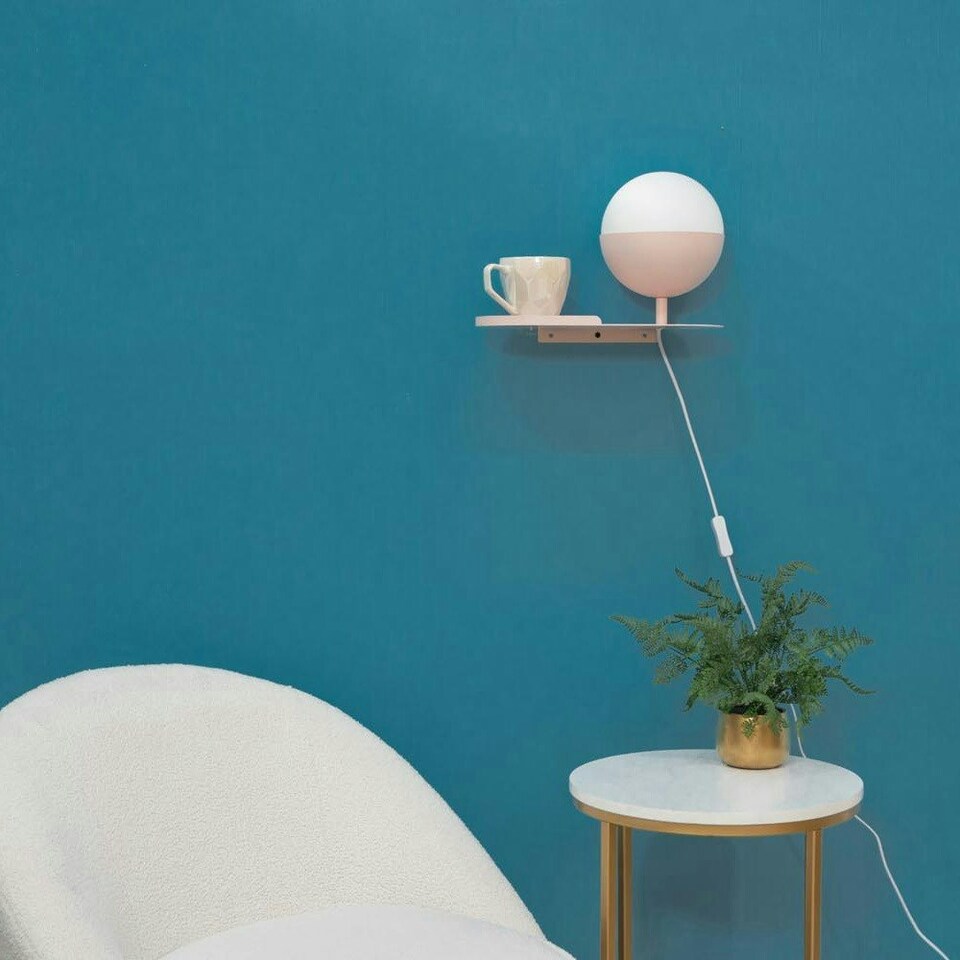 image 1 of ValueLights Marlow Blush Pink Metal Plug in Wall Light with Shelf and Glass Globe Lampshade - Bulb Included