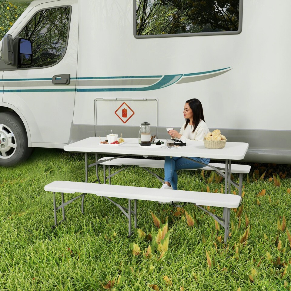 image 1 of Outsunny 3 Piece Folding Picnic Table and Bench Set with Handles, White