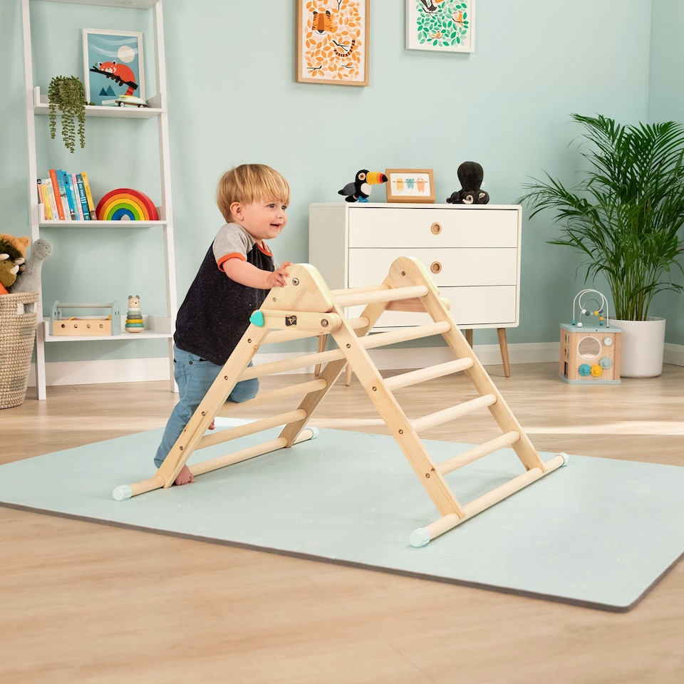 image 1 of The Adventurer Play Pack: TP Active-Tots Pikler Style Wooden Climbing Triangle with Active-Tots Balance Board and Owl & Fox Musical Instrument Assortment