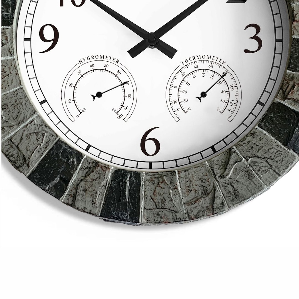 image 1 of 13.5" Faux Slate Waterproof Indoor/Outdoor Wall Clock with Thermometer & Hygrometer