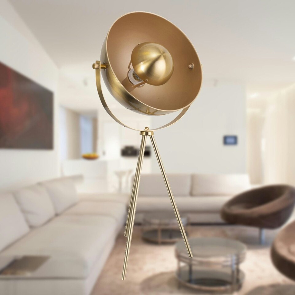image 1 of First Choice Lighting Pair of Retro Satin Brass Tripod Table Lamps Bronze | Gold