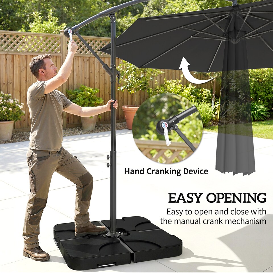 image 1 of Outsunny 3(m) Banana Parasol Cantilever Umbrella Garden w/ Base Weights | Black | Black | 295 x 295 x 250 cm