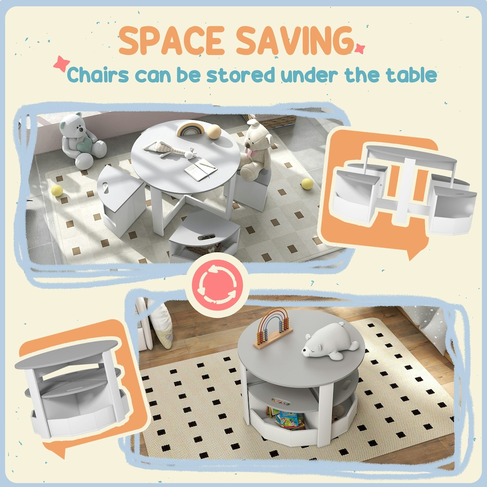 image 1 of AIYAPLAY Five-Piece Kids Table and Chairs Set w/ Storage for 3-8 Years, Grey 