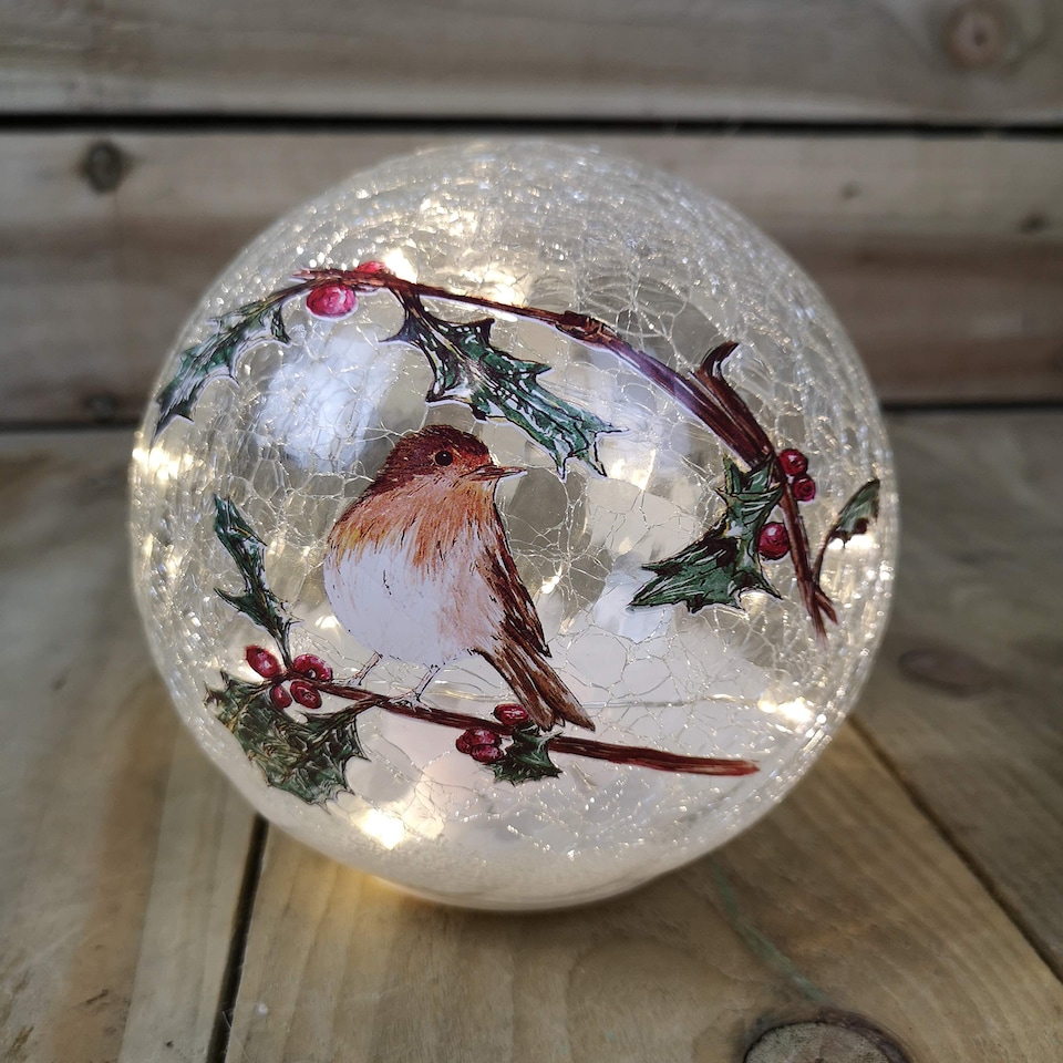 image 1 of 15cm Battery Operated Light up Robin Crackle Glass Ball with 12 Warm White LEDs