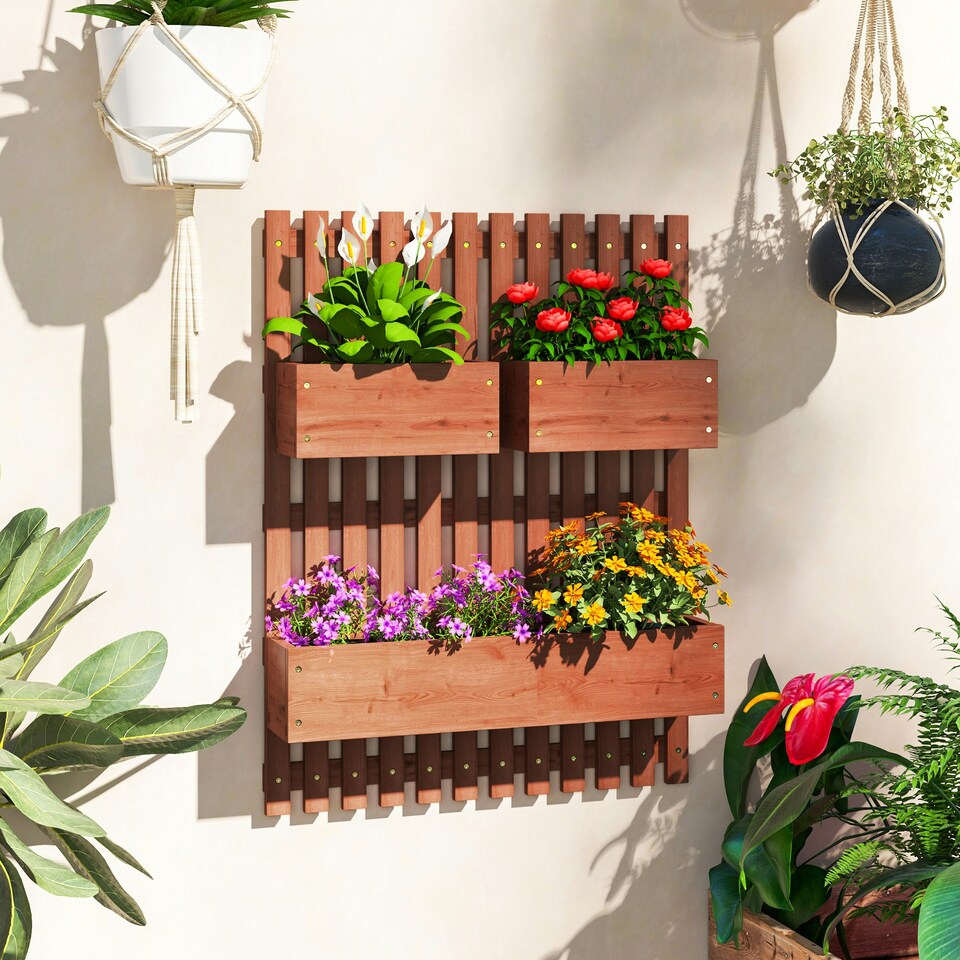 image 1 of Outsunny Wooden Garden Planters with Trellis Wall-mounted Raised Bed Brown