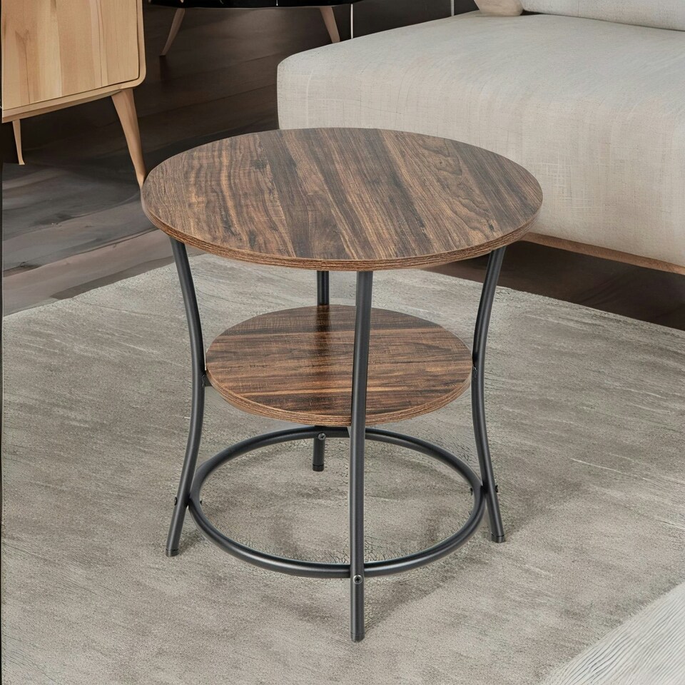 image 1 of Industrial Round Coffee Table With 2 Shelves Brown