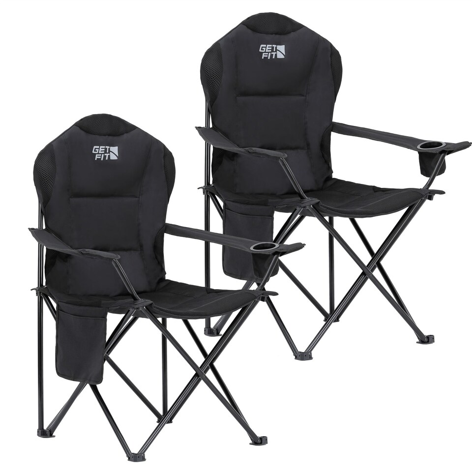 image 1 of Get Fit Premium Folding Camping Chair - Thick Padded With Magazine Pocket, Cup Holder & Carry Bag - Lightweight 3Kg - Capacity 130Kg - 2 Pack | Black | 2