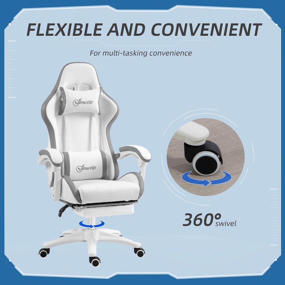image 1 of Vinsetto Computer Gaming Chair, PU Leather Office Desk Chair with Footrest, Swivel Wheels, 135 Reclining Back, Lumbar Support, Headrest for Home, White and Grey