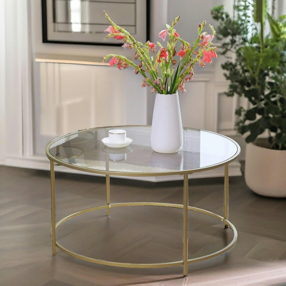image 1 of Industrial Tempered Glass Round Coffee Table Gold Gold
