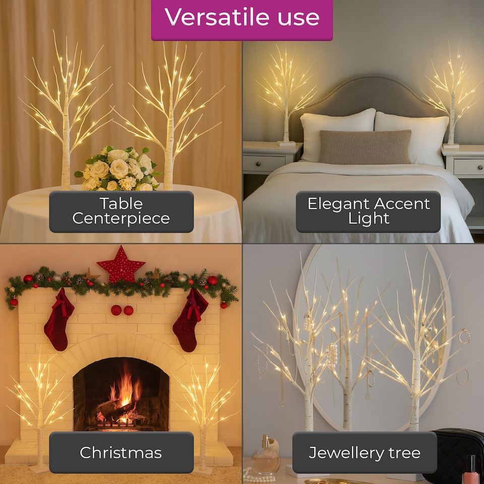 image 1 of Neo Set of 2 LED Pre Lit Twig Tree Lights 60cm Birch Tree Lamp Warm White Lights Battery Operated Decorative Centrepiece Flexible Branches Christmas Wedding Bedroom Home Décor