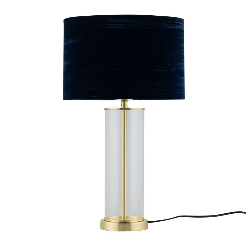 image 1 of Set of 2 Aura - Satin Brass Lamps with Navy Blue Crushed Velvet Shades Bronze | Blue