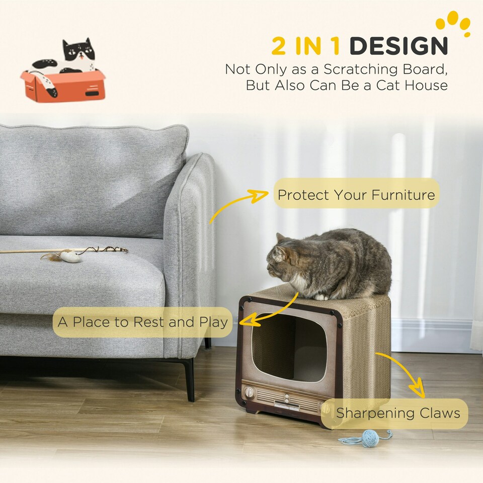 image 1 of PawHut 2 in 1 Cat House TV Shape Corrugated Cardboard with Catnip, Brown
