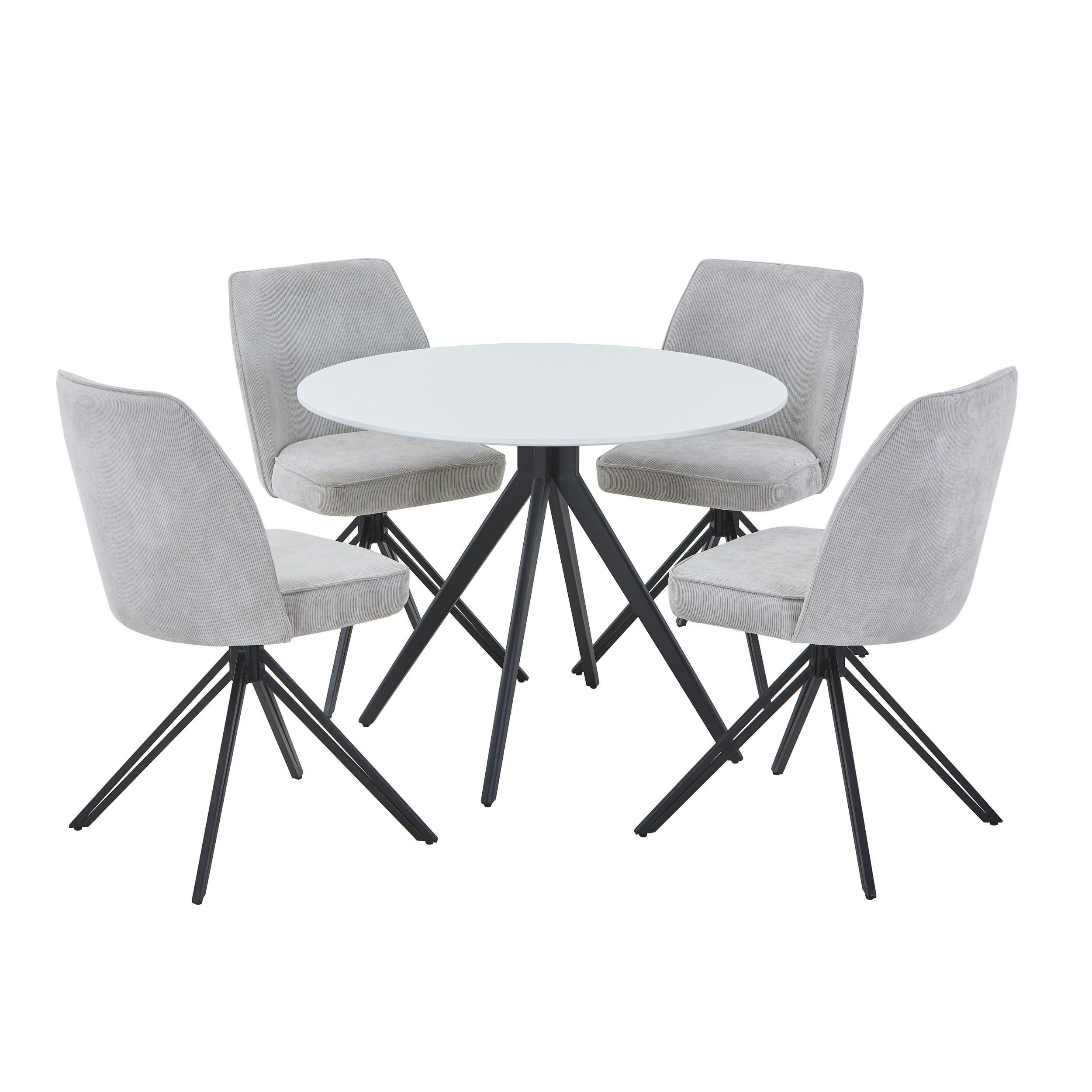 Aspen White Round Table & 4 Light Grey Swivel Dining Chairs - Upholstery Fabric - L69 X W46 X H92 Cm