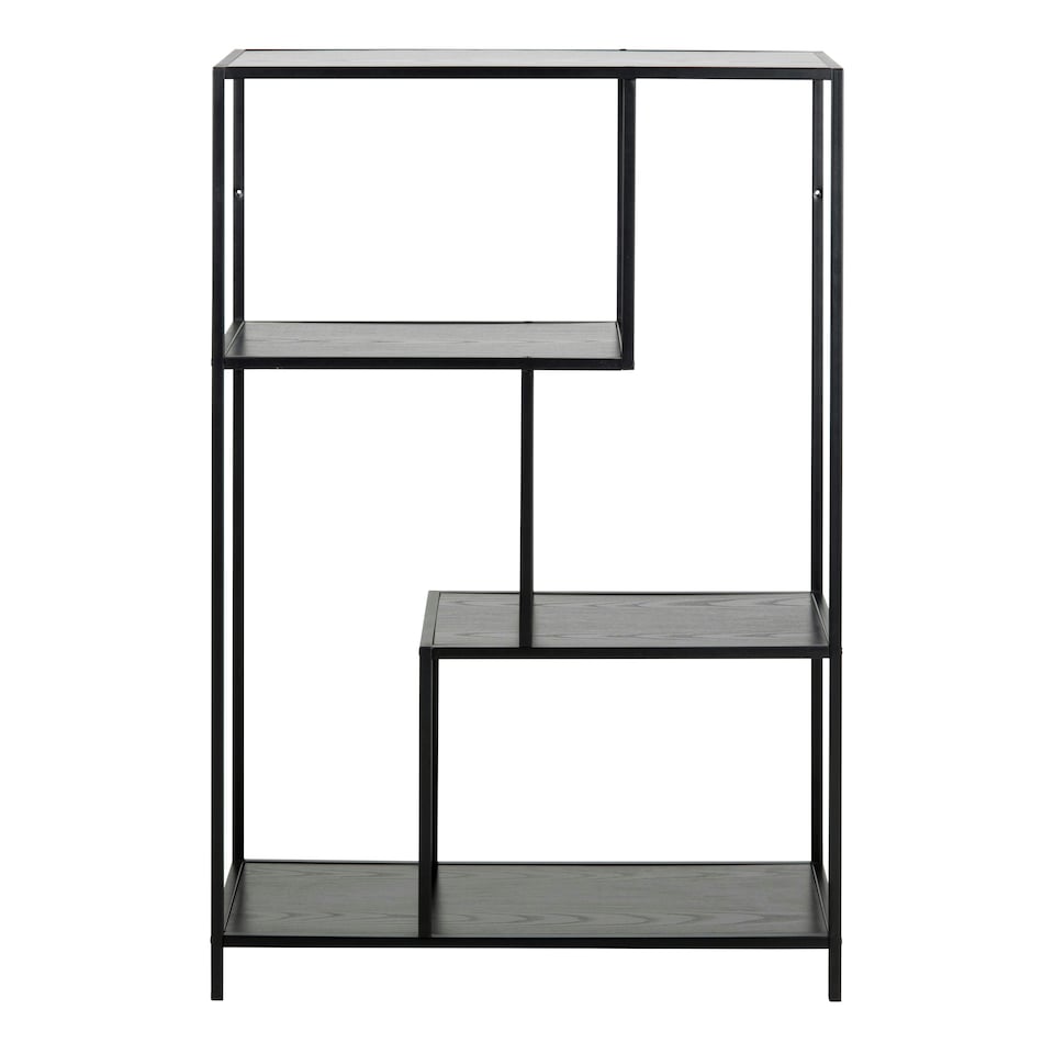 image 1 of Seaford Black Metal Asymmetrical Bookcase with 3 Black Shelves