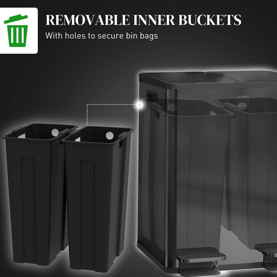 image 1 of HOMCOM 2 x 20L Dual Kitchen Bin Pedal Bin for Recycling and Waste Black | 40L