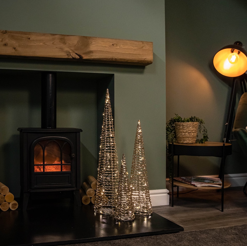 image 1 of Set of 3 Gold Glitter Twist Christmas Cone Trees with 90 Warm White LEDs