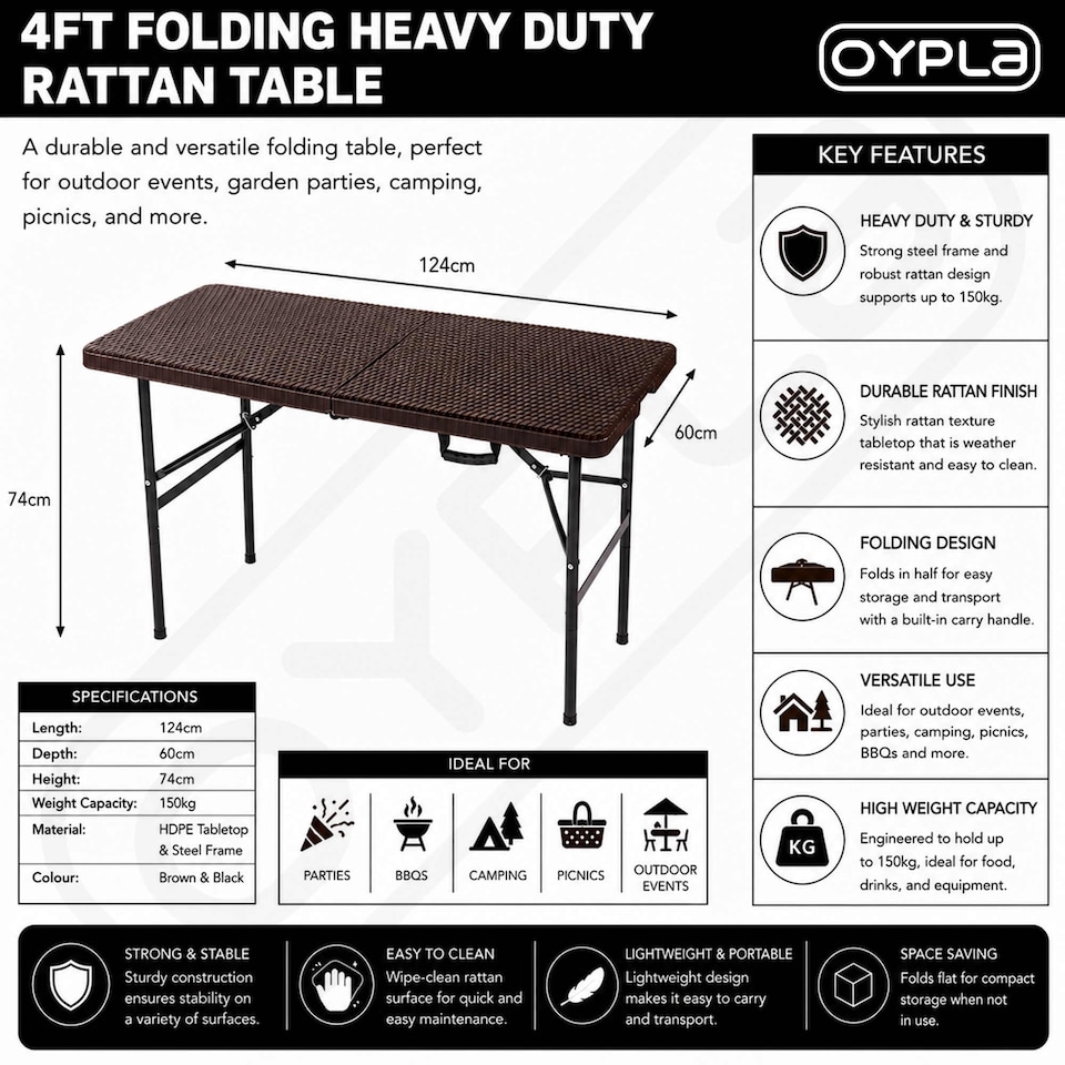 image 1 of 4ft 1.2m Folding Heavy Duty Outdoor Rattan Trestle Party Garden Table | Brown