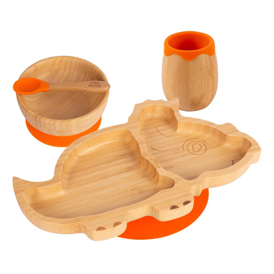 image 1 of Tiny Dining 4pc Dinosaur Bamboo Suction Baby Feeding Set - Orange
