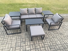 Fimous Aluminium Patio Outdoor Furniture Set 6 Seater Garden Sofa with Oblong Coffee Table Big Footstool 2 Armchairs 2 Side Tables Dark Grey