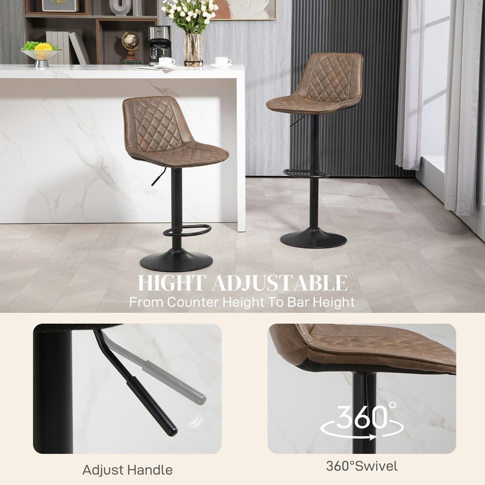 image 1 of HOMCOM Bar Stools Set of 2, Adjustable Bar Chairs Swivel for Kitchen Brown