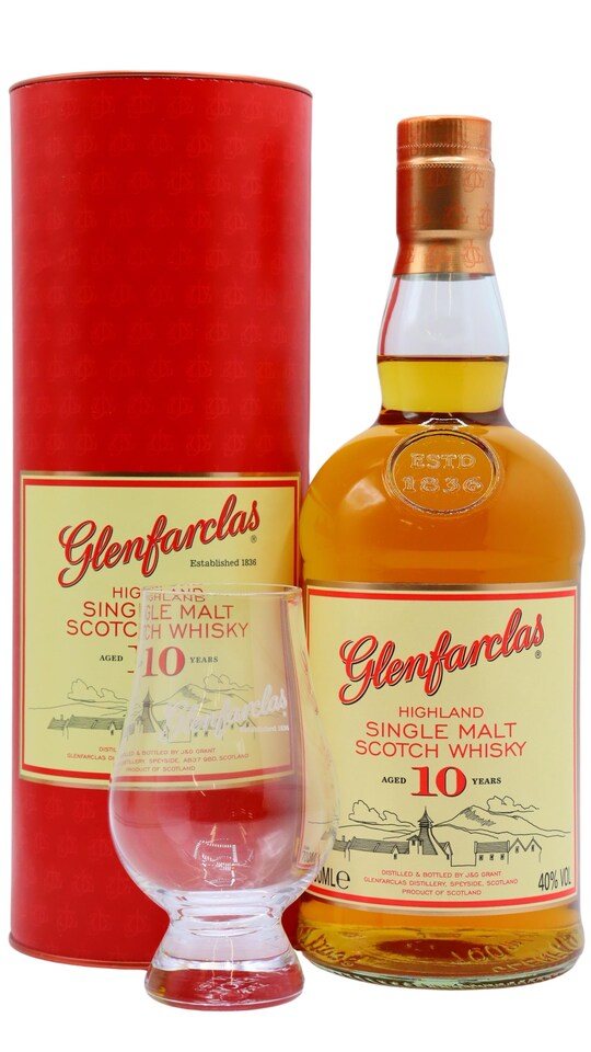 Glenfarclas Highland Single Malt Scotch 10 year old Whisky Includes Glencairn Glass