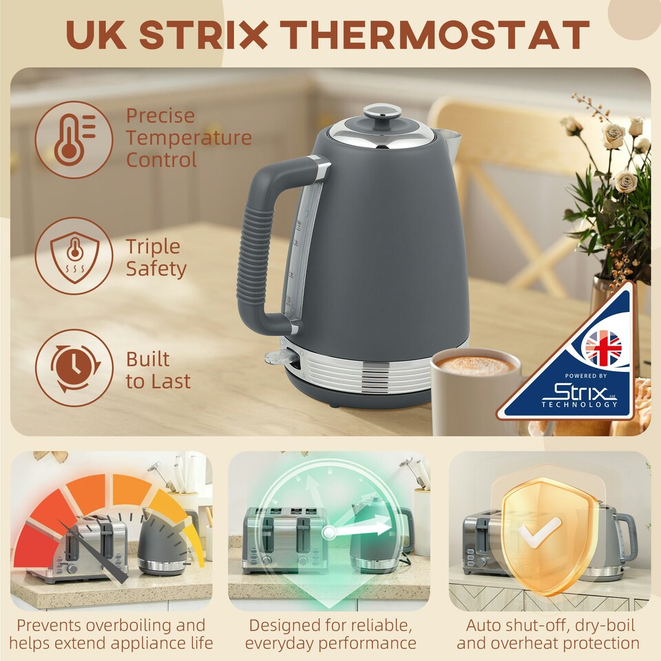 image 1 of HOMCOM 1.7L 3000W Quick Boil Kettle and 4 Slice Toaster Set Crumb Tray Grey
