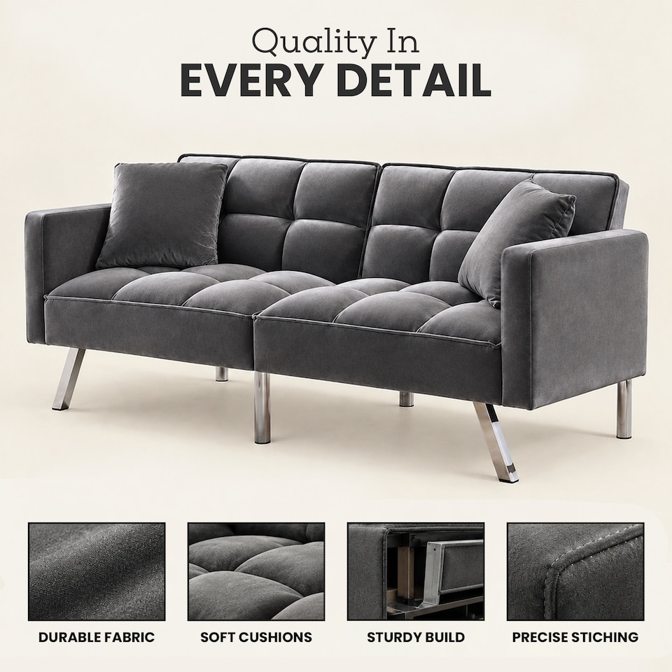 image 1 of Sofa Bed 2 Seater Grey Velvet Click Clack Sofa Settee Recliner Couch with Metal Legs with 2 Pillows