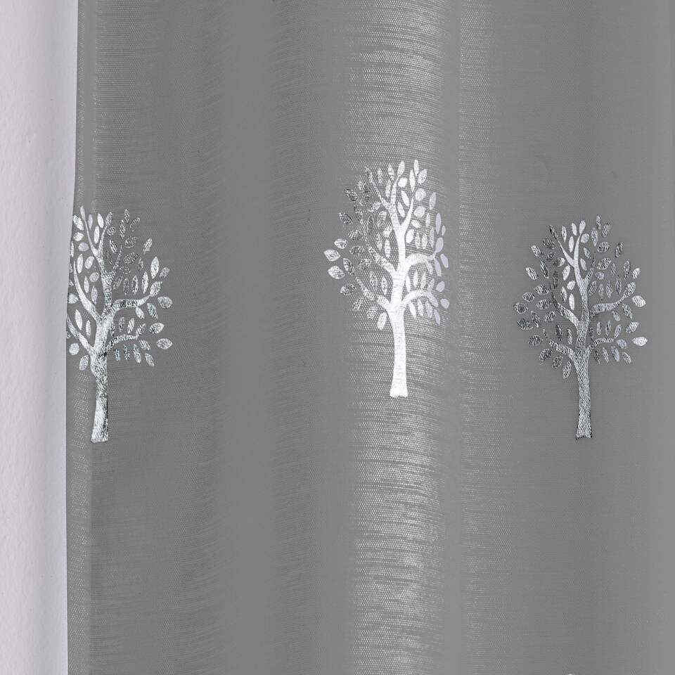 image 1 of Pair of Birch Grey Metallic Tree Print Voile Panels 137 cm (54 inch) Rod Pocket Panels for Bedroom and Living Room