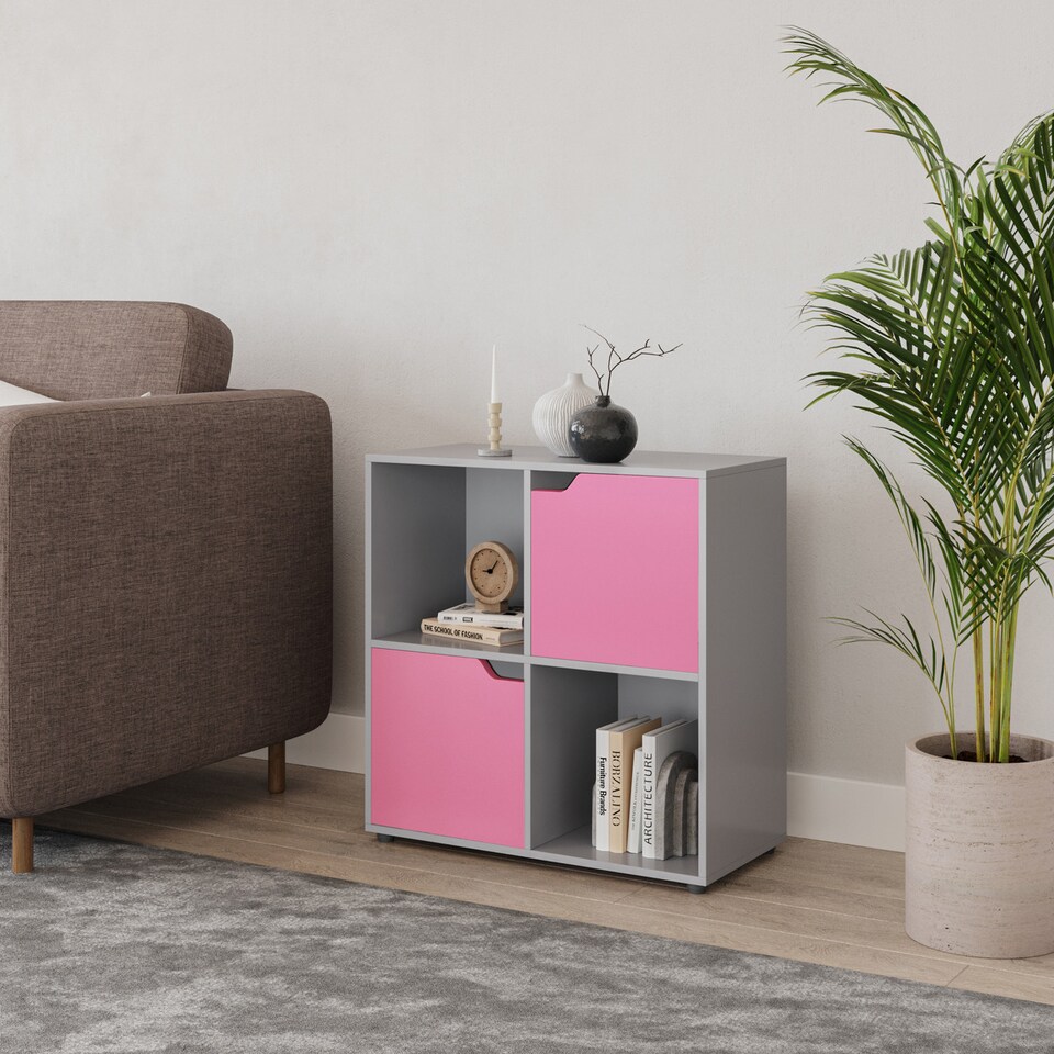image 1 of 4-Cube Shelving Unit With Wooden Doors - Square | Grey | Grey & Pink | 1