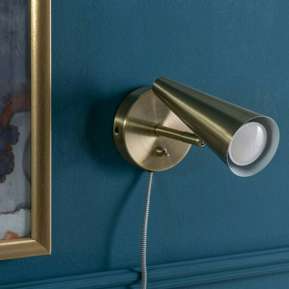 image 1 of ValueLights Pair of - Plug in Brushed Antique Brass Cone Easy Fit Wall Lights with Adjustable Head - Bulbs included | Gold