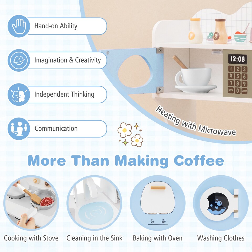 image 1 of COSTWAY Wooden Kids Kitchen Playset Pretend Play Kitchen With  Coffee Maker-Blue