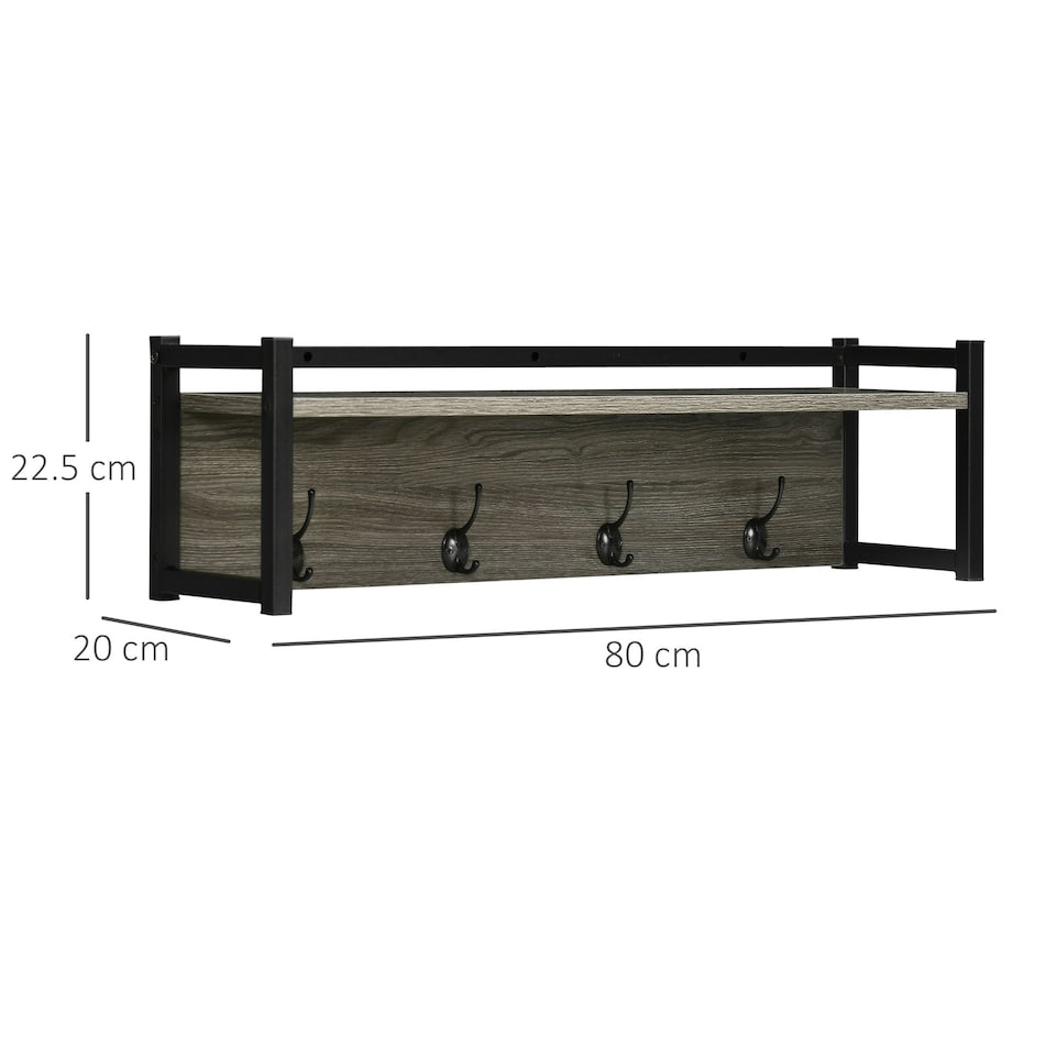 image 1 of HOMCOM Rustic Wall-Mounted Coat Rack Floating Shelf with 4 Hooks for Entryway