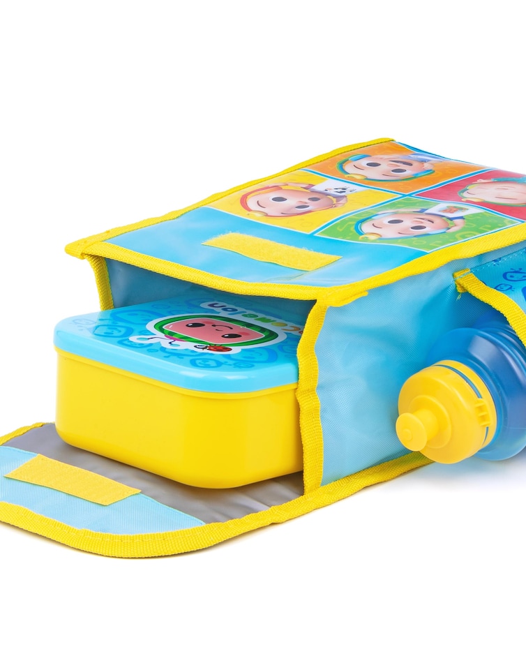 image 1 of CoComelon Lunch Box 3 Piece Set for Kids | Boys Girls Blue Yellow JJ Insulated Bag, Water Bottle & Snack Pot Merchandise