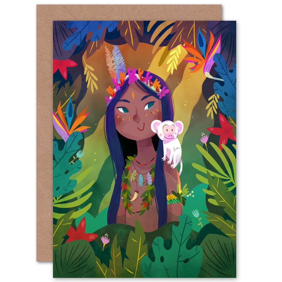 image 1 of Jungle Girl Flowers Monkey Kids Birthday Child Card