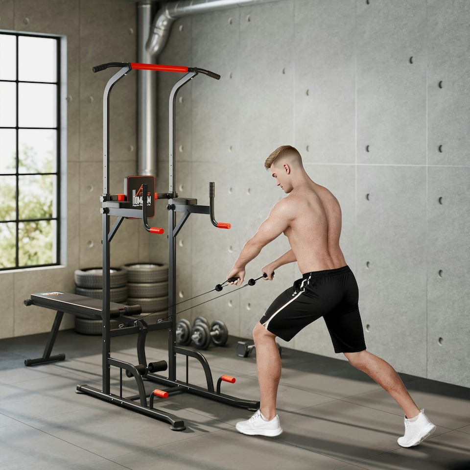 image 1 of HOMCOM Multifunction Home Workout Station Tower Steel Frame w/ Bench Bars Ropes