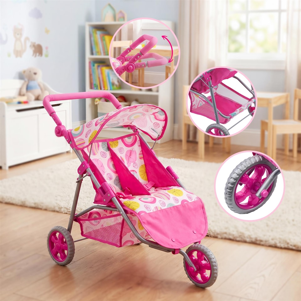 image 1 of BiBi Doll 3 Wheeler Twin Dolls Pink Pushchair Toy with Canopy & Basket For Up To 20" Dolls