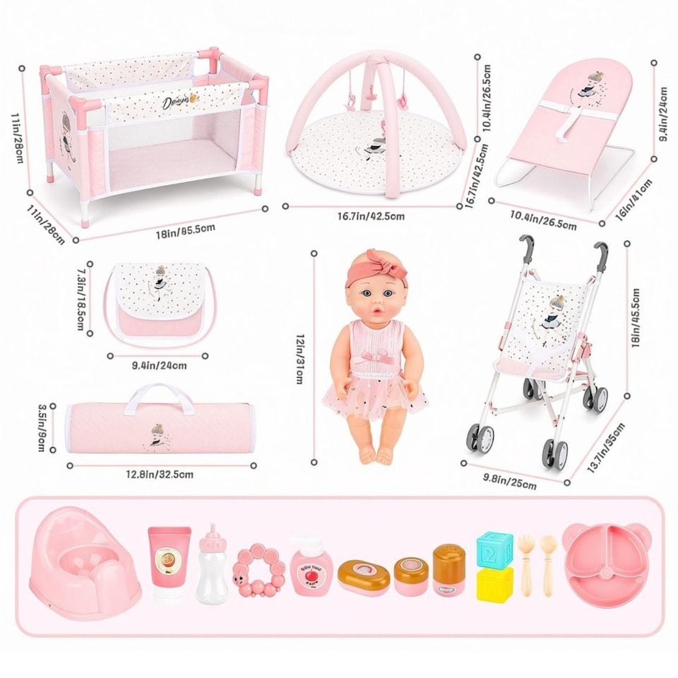image 1 of Baby Doll Nursery Playset with 12" Doll, Stroller, Crib, Play Mat & Travel Bags – Complete Pretend Baby Care Set with Accessories – Role‑Play Toy for Kids Ages 3–8