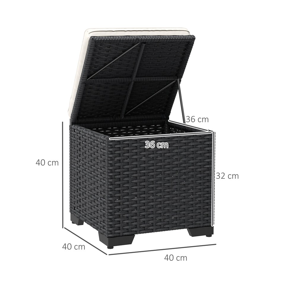 image 1 of Outsunny Set of 2 Rattan Storage Ottoman, Outdoor Footstool with Removable Cushions, Garden Storage Seat for Balcony, Porch, Living Room, Cream White | Cream | 40W x 40D x 40H cm | 1