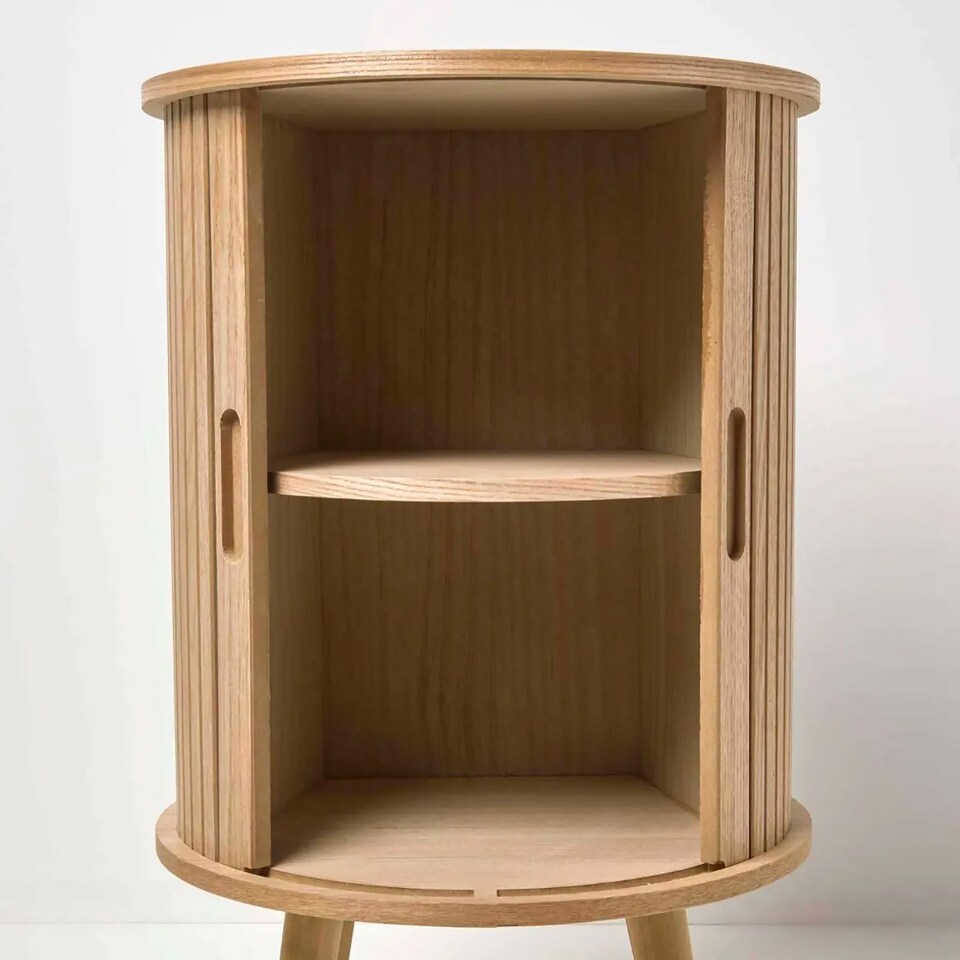 image 1 of Homescapes Modern Side Table, Round Cabinet with Sliding Tambour Doors, 65cm