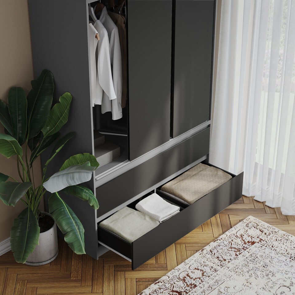 image 1 of 120cm 3 Sliding Doors Children Kids Wardrobe Bedroom Storage Closet Hanging Rail | Multi | Grey with Black Doors | 1