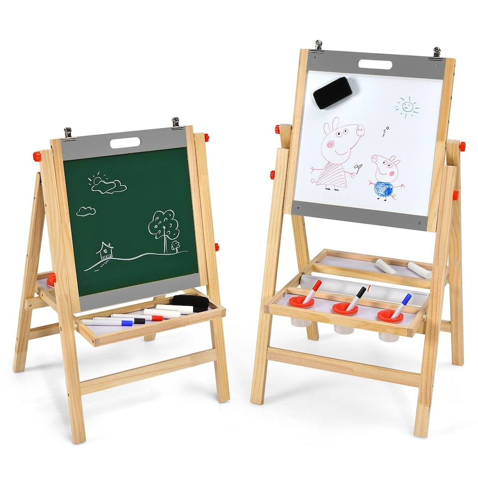 image 1 of COSTWAY 3-in-1 Foldable Kids Easel Kids Wooden Art Easel Double Sided Blackboard Chalks
