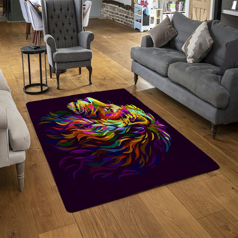 image 1 of Abstract, multicolored profile portrait of a lion's head on a purple background in popart style (Rug) Multi | M