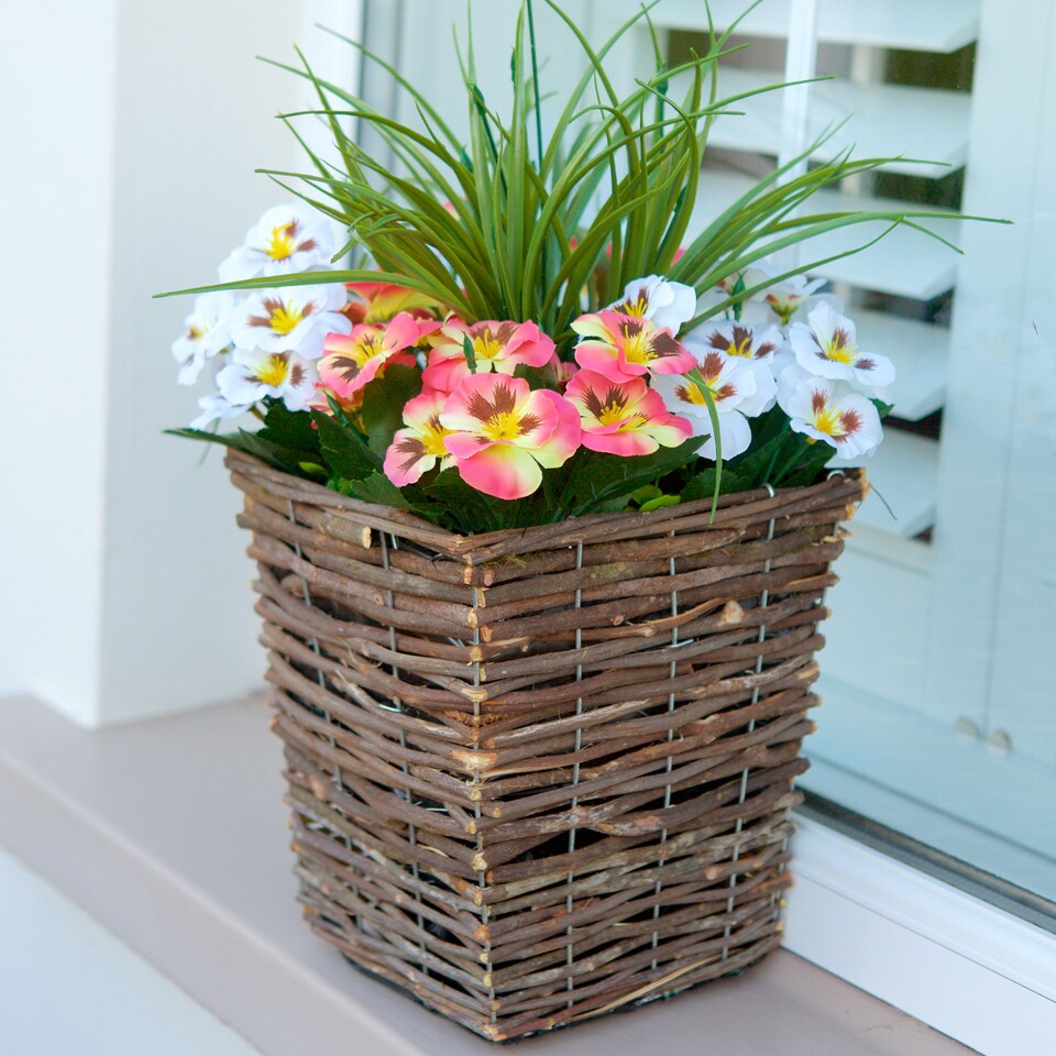 image 1 of Best Artificial Pre-Made 44cm Peach & White Pansy Flowers in Rattan Wicker Planter Pot - Suitable For Outside Use | Pink | Peach and White | 1