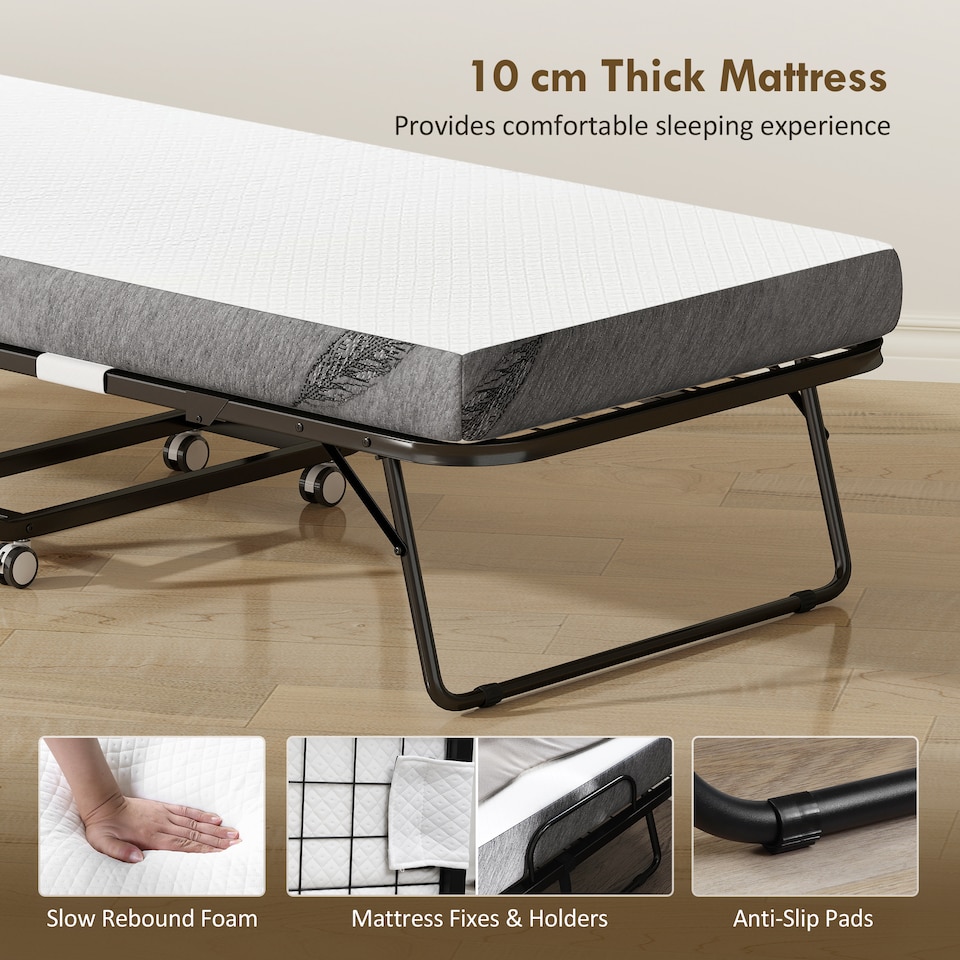 image 1 of HOMCOM Folding Bed with 10cm Mattress, Portable Foldable Guest Bed with Wheels