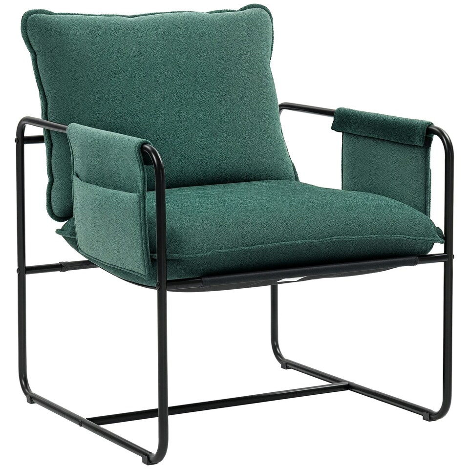 image 1 of HOMCOM Upholstered Reading Chair with Side Pockets and Steel Frame, Green Green